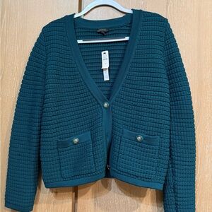 NWT Talbots Kate Cardigan in a teal color with gold-toned button accents